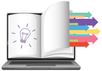 Laptop with open book from which colored arrows emerge as information streams.