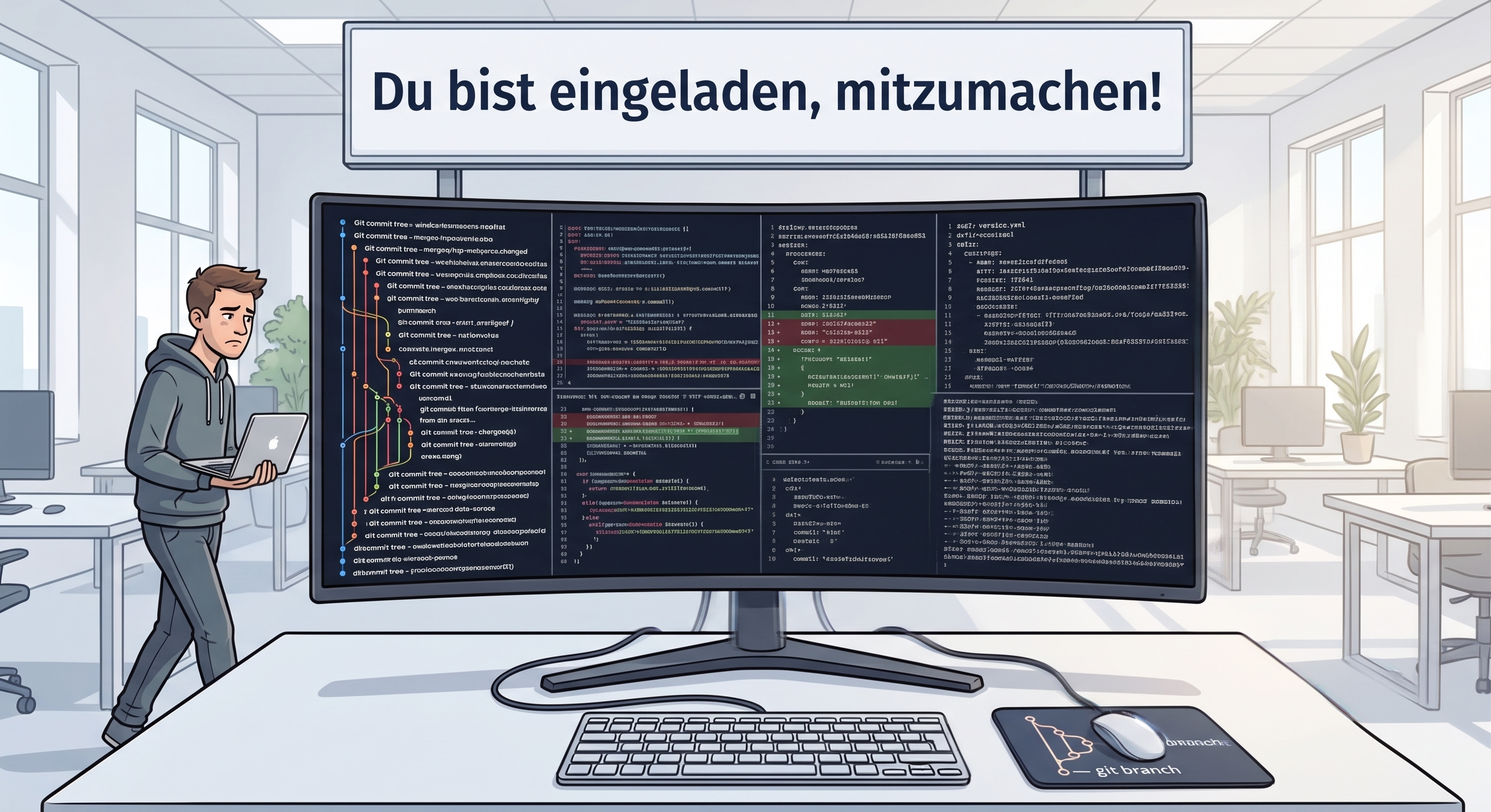 Illustration eines Arbeitsplatzes: Über einem breiten Monitor hängt ein Schild mit der Aufschrift „Du bist eingeladen, mitzumachen!“. Der Bildschirm darunter ist vollständig mit unlesbarem Code, Konfigurationsdateien und verzweigten Git-Historien gefüllt. Links davon steht eine Person mit einem Laptop im Arm und schaut unschlüssig auf den Bildschirm — die Einladung ist eindeutig, der Weg dahin nicht.