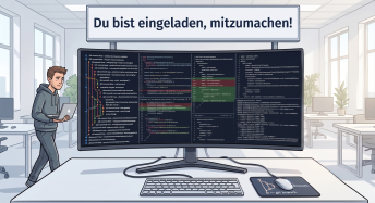 Illustration eines Arbeitsplatzes: Über einem breiten Monitor hängt ein Schild mit der Aufschrift „Du bist eingeladen, mitzumachen!“. Der Bildschirm darunter ist vollständig mit unlesbarem Code, Konfigurationsdateien und verzweigten Git-Historien gefüllt. Links davon steht eine Person mit einem Laptop im Arm und schaut unschlüssig auf den Bildschirm — die Einladung ist eindeutig, der Weg dahin nicht.