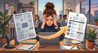 A frustrated person sits with their hands on their head in front of a laptop, flanked by two documents: on the left, an unreadable, convoluted diagram; on the right, a clearly structured step-by-step guide. A glowing arrow points from the chaotic to the organized document — a metaphor for the difference between confusing and helpful documentation.