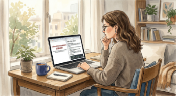 A person sits thoughtfully in front of a laptop, its screen showing an error message and an open documentation tab — both saying the same thing, neither explaining what to do.