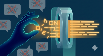 A glowing hand holding text tokens being processed by a cylindrical roll into structured output—an illustration of the tokenization principle behind LLMs.
