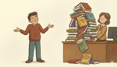 A person asks a question while a librarian sits behind an overwhelming stack of books—a metaphor for the challenge of finding the right answer from vast amounts of information.